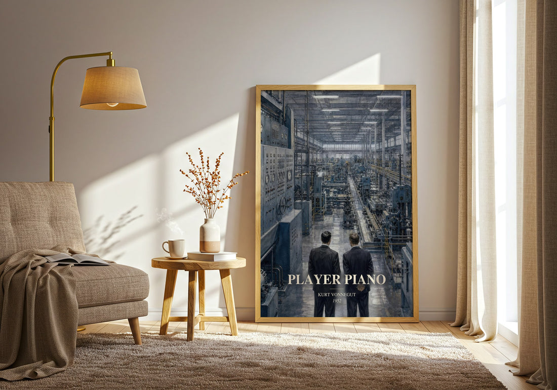 Player Piano watercolour print in frame leaning in hallway – dystopian wall art (mockup)