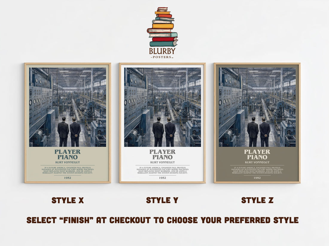Player Piano bookish print in frame leaning in hallway – dystopian wall art (mockup)