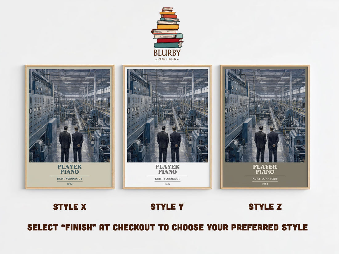 Player Piano book cover print in frame leaning in hallway – dystopian wall art (mockup)