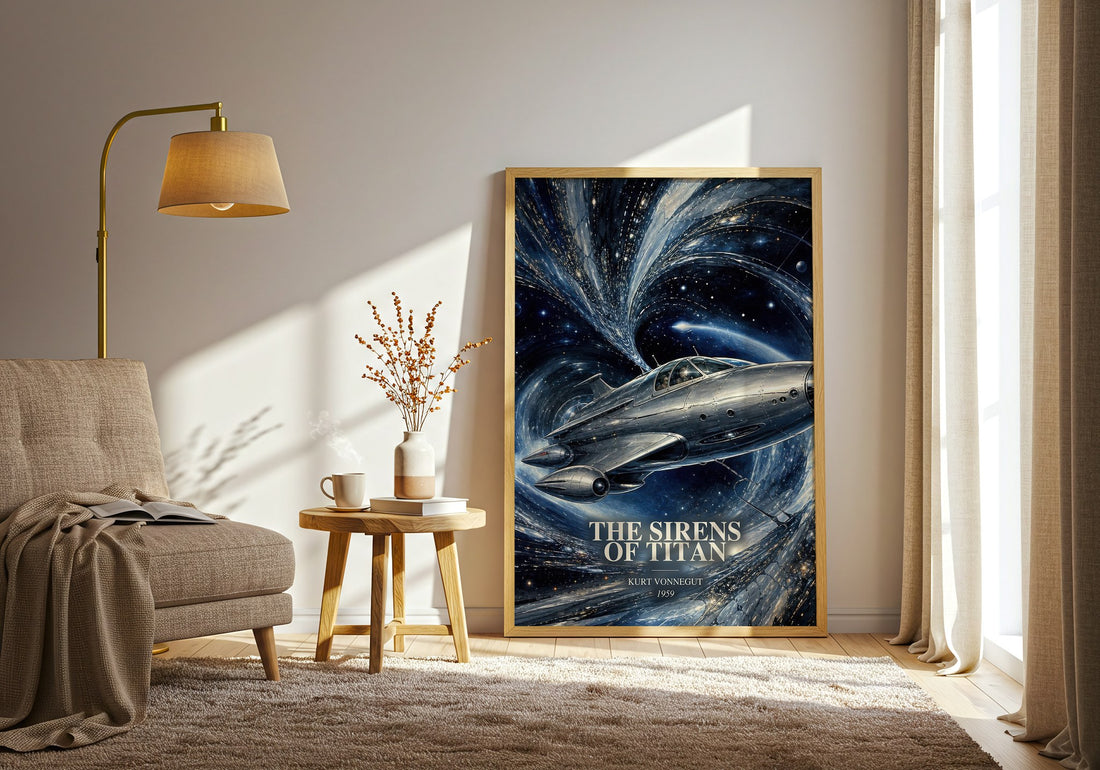 The Sirens of Titan watercolour print in frame leaning in hallway – sci fi wall art (mockup)