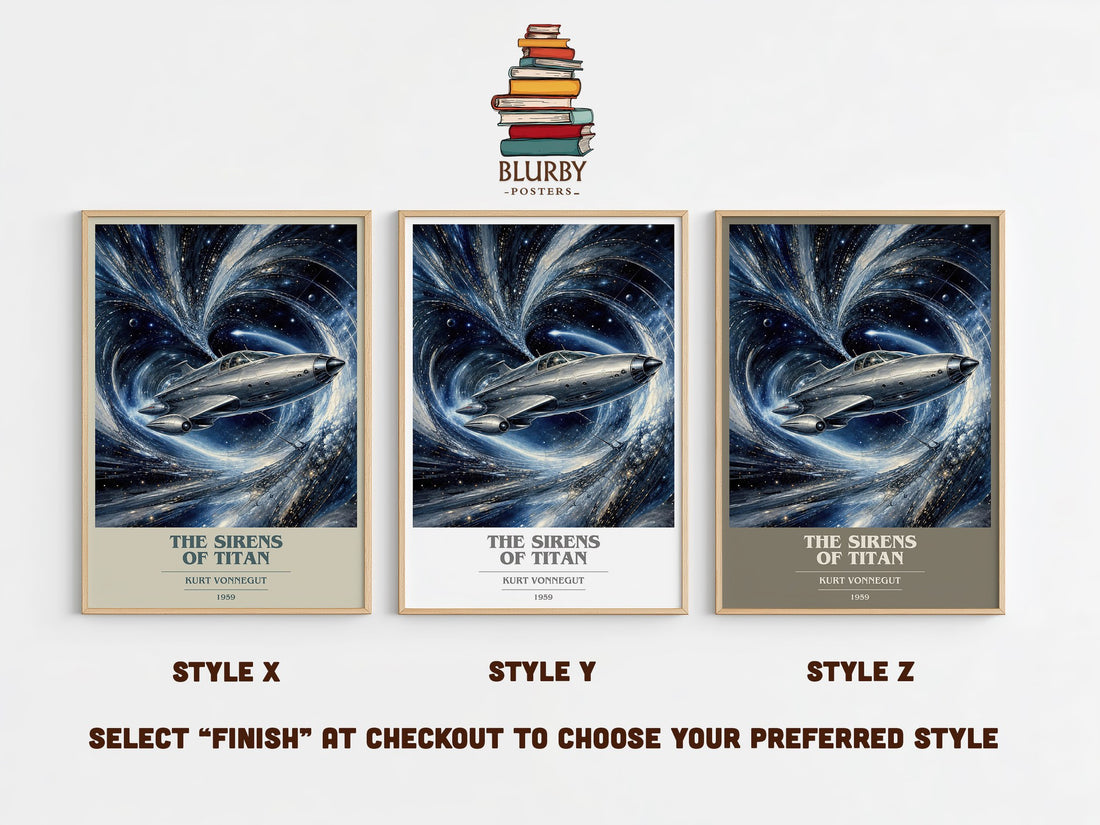 The Sirens of Titan book cover print in frame leaning in hallway – sci fi wall art (mockup)