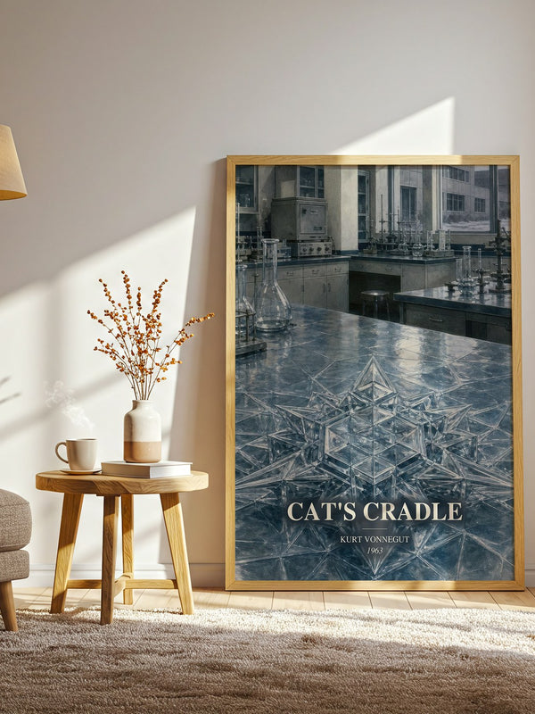 Cat's Cradle watercolour print in frame leaning in hallway – satire wall art