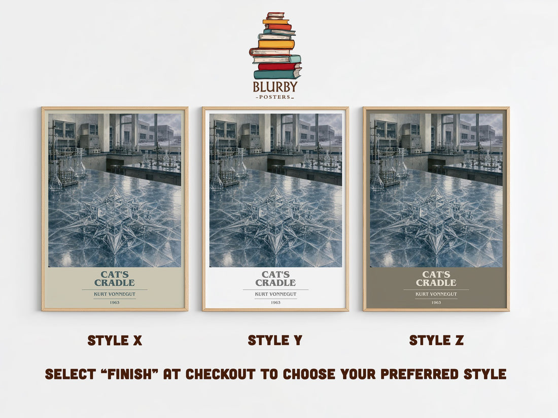 Cat's Cradle book cover print in frame leaning in hallway – satire wall art (mockup)