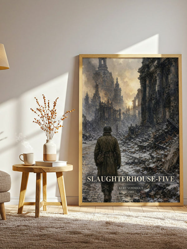 Slaughterhouse-Five watercolour print in frame leaning in hallway – literary fiction wall art