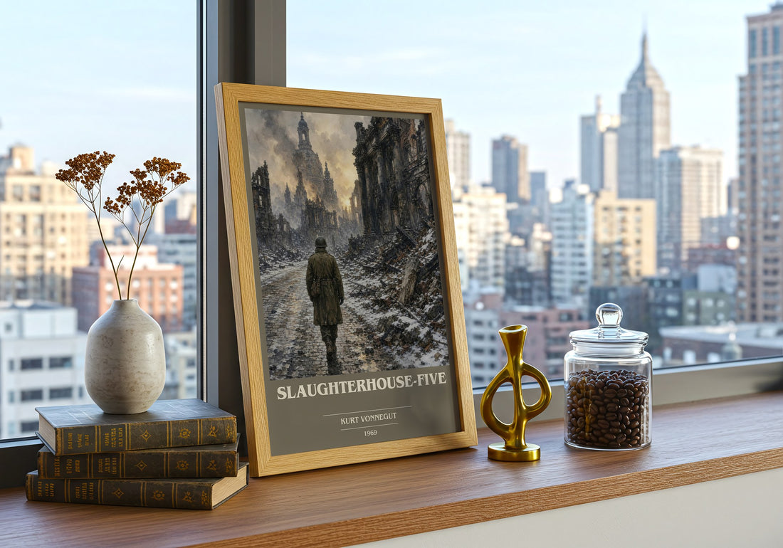 Slaughterhouse-Five book cover print framed by window – literary home decor