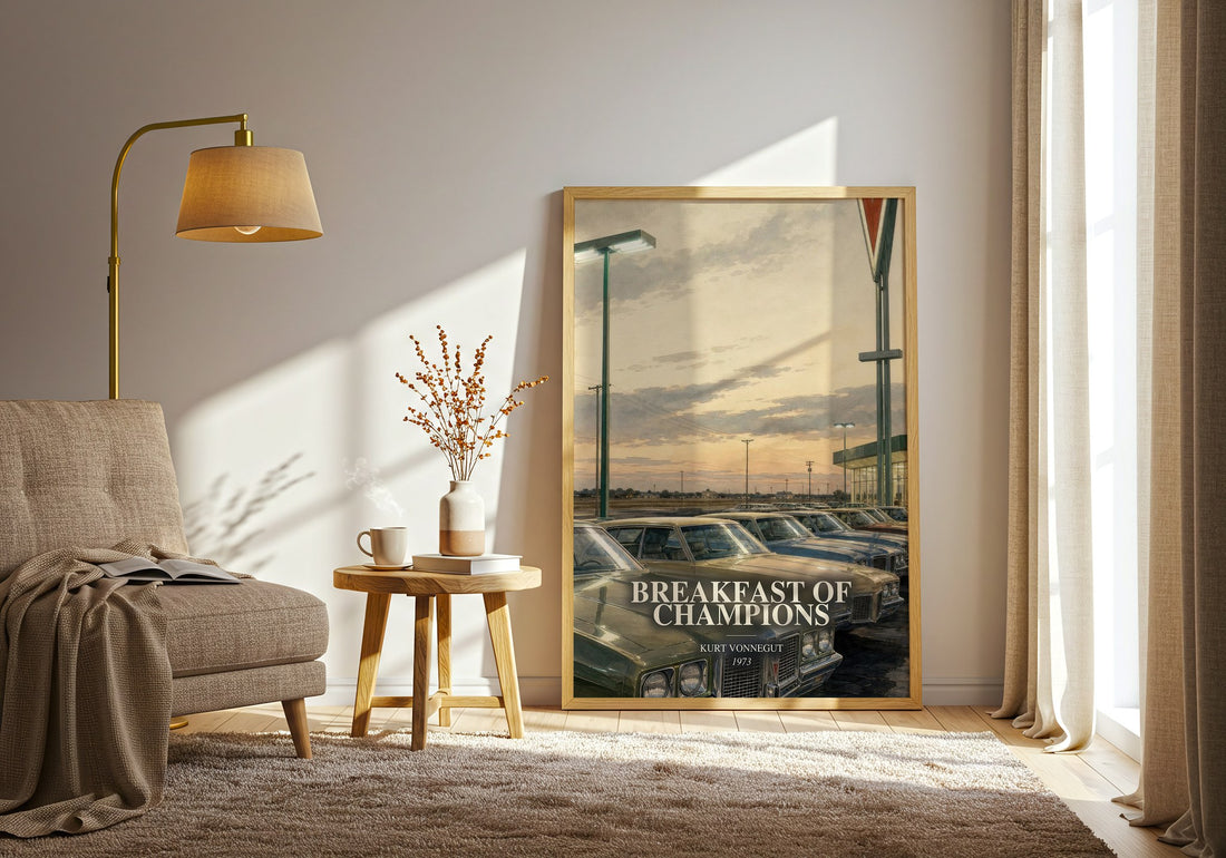 Breakfast of Champions watercolour print in frame leaning in hallway – satire wall art (mockup)