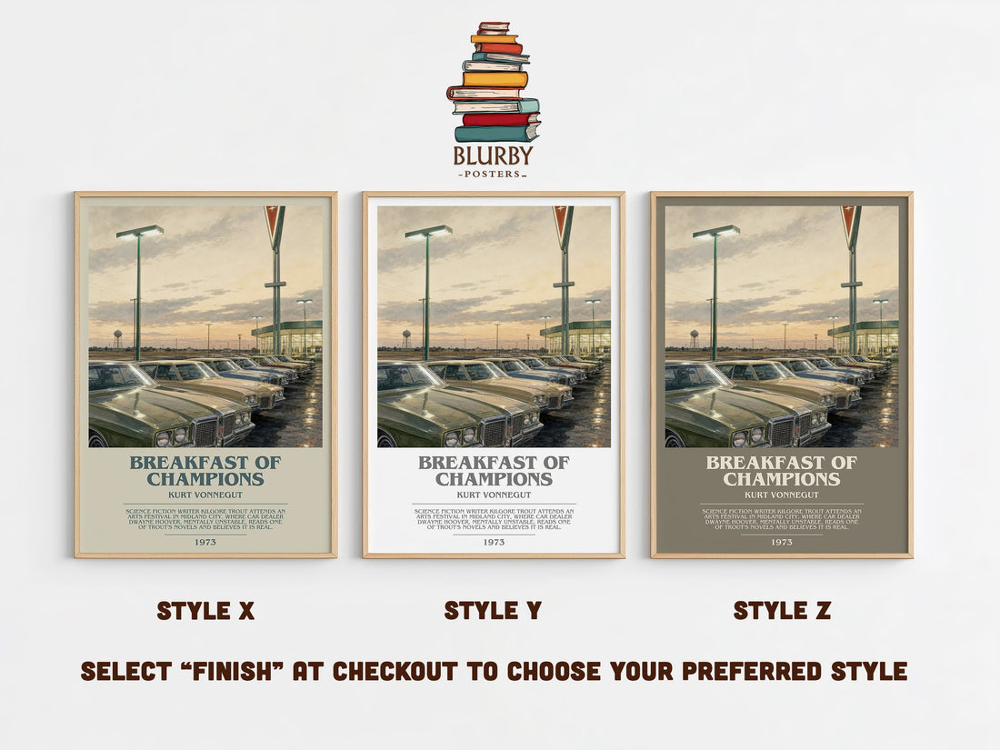 Breakfast of Champions bookish print in frame leaning in hallway – satire wall art (mockup)