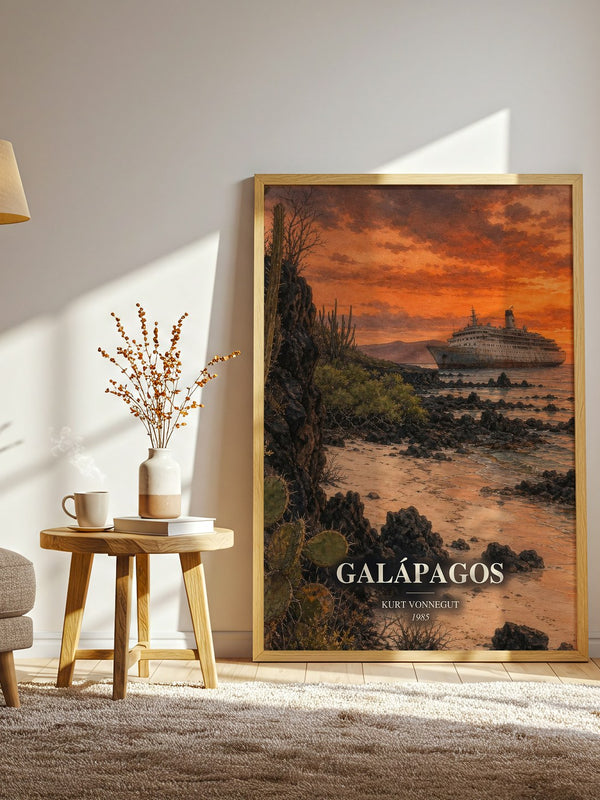 Galápagos watercolour print in frame leaning in hallway – sci fi wall art