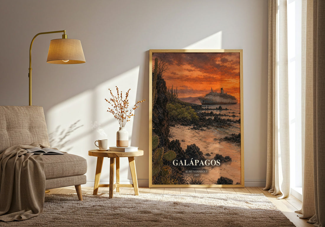 Galápagos watercolour print in frame leaning in hallway – sci fi wall art (mockup)