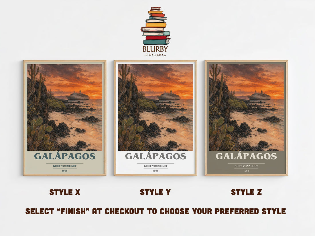 Galápagos book cover print in frame leaning in hallway – sci fi wall art (mockup)