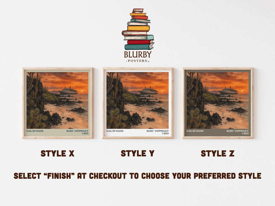 Galápagos literary print in frame leaning in hallway – sci fi wall art (mockup)