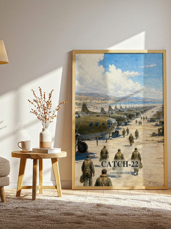Catch-22 watercolour print in frame leaning in hallway – satire wall art