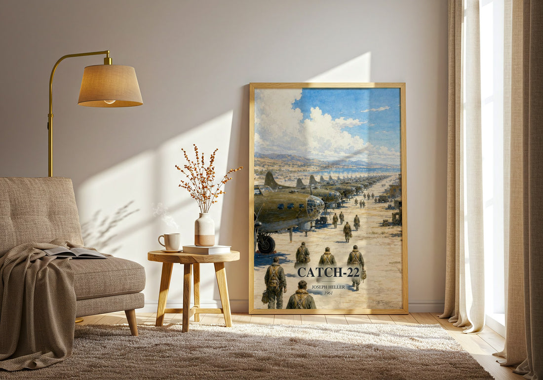 Catch-22 watercolour print in frame leaning in hallway – satire wall art (mockup)