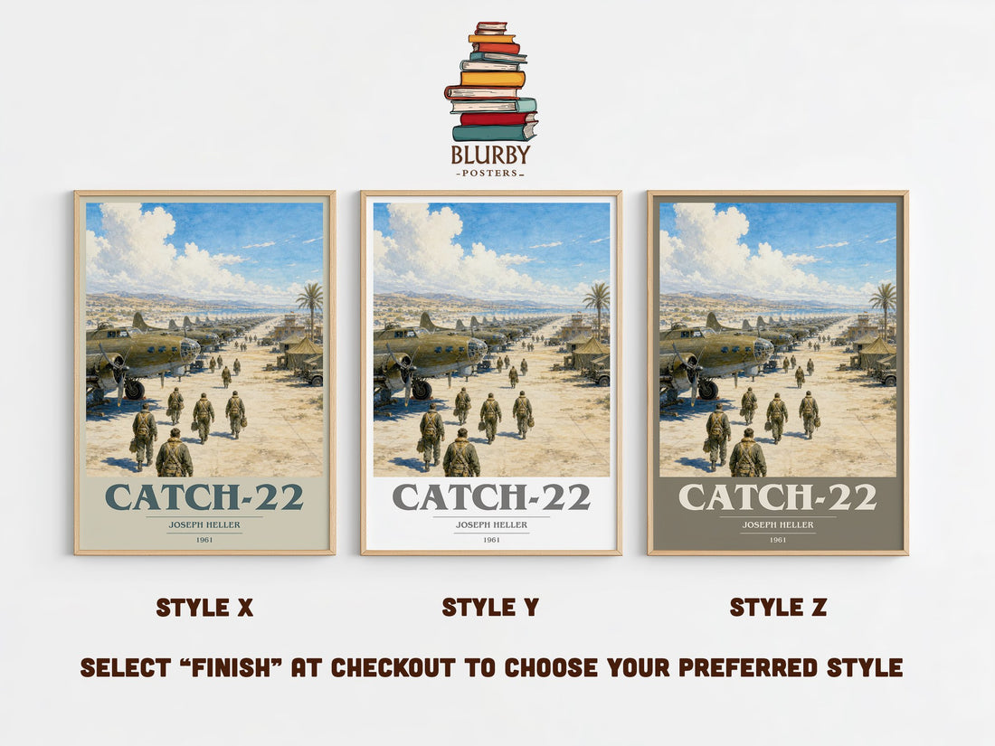 Catch-22 book cover print in frame leaning in hallway – satire wall art (mockup)