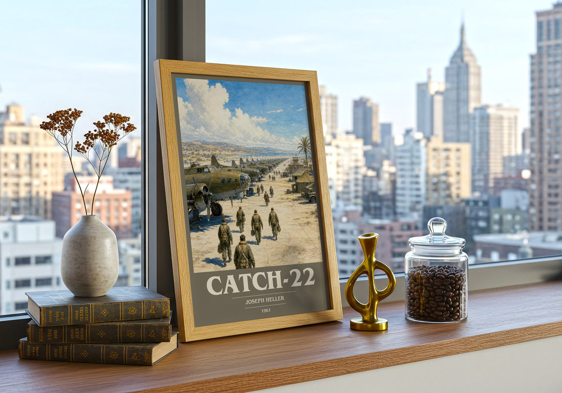 Catch-22 book cover print framed by window – literary home decor