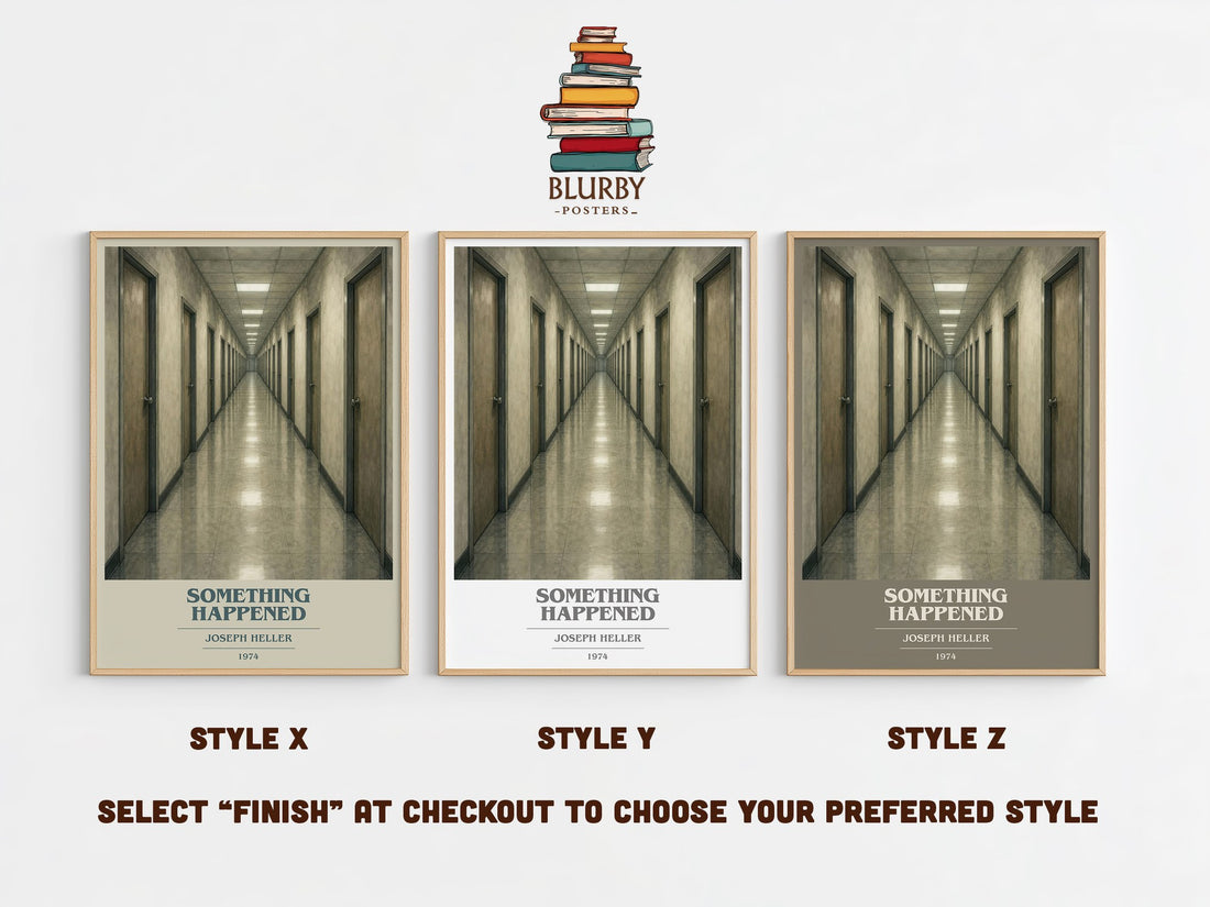 Something Happened book cover print in frame leaning in hallway – literary fiction wall art (mockup)