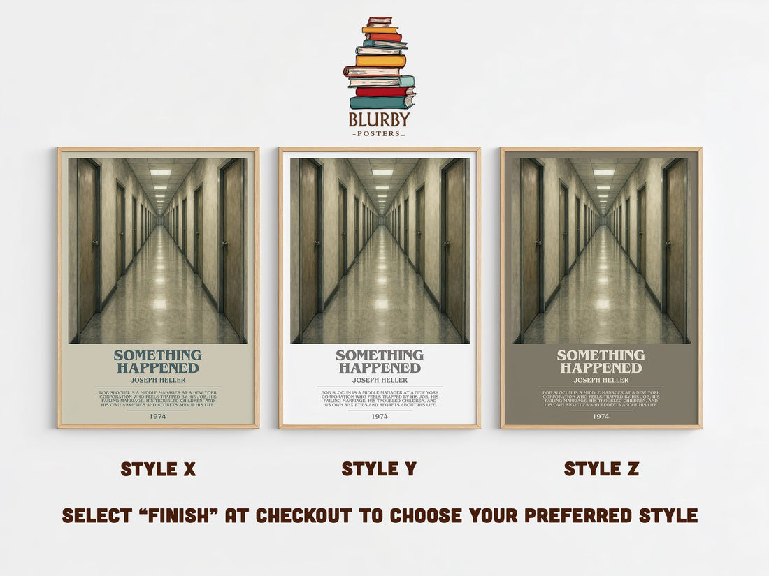 Something Happened bookish print in frame leaning in hallway – literary fiction wall art (mockup)