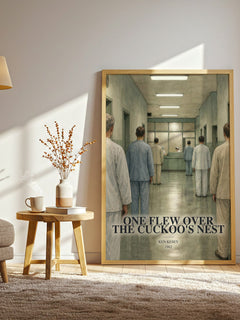 One Flew Over the Cuckoo's Nest watercolour print in frame leaning in hallway – literary fiction wall art