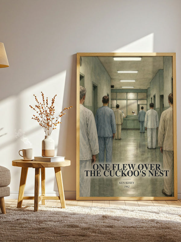 One Flew Over the Cuckoo's Nest watercolour print in frame leaning in hallway – literary fiction wall art