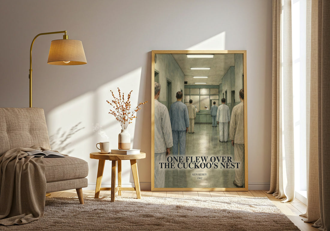 One Flew Over the Cuckoo's Nest watercolour print in frame leaning in hallway – literary fiction wall art (mockup)