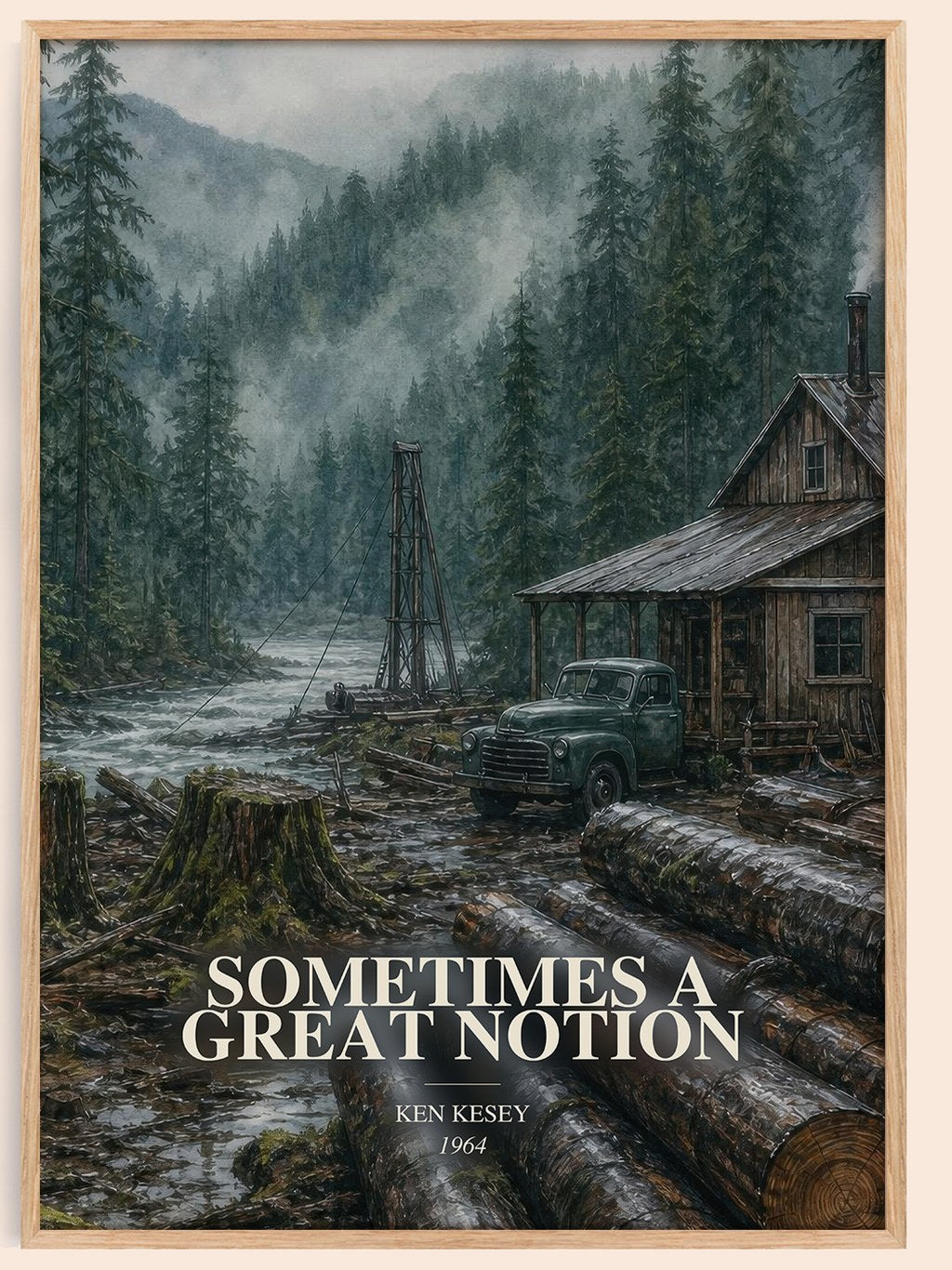 Sometimes a Great Notion watercolour book poster by Ken Kesey – framed literary art print
