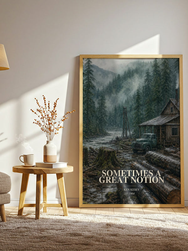 Sometimes a Great Notion watercolour print in frame leaning in hallway – literary fiction wall art
