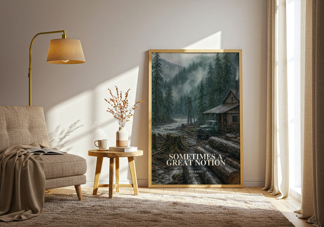Sometimes a Great Notion watercolour print in frame leaning in hallway – literary fiction wall art (mockup)