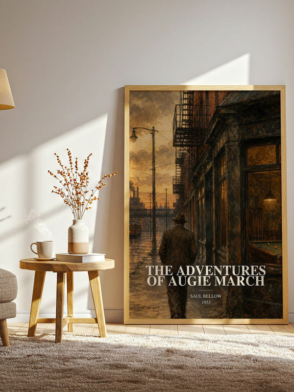 The Adventures of Augie March watercolour print in frame leaning in hallway – literary fiction wall art