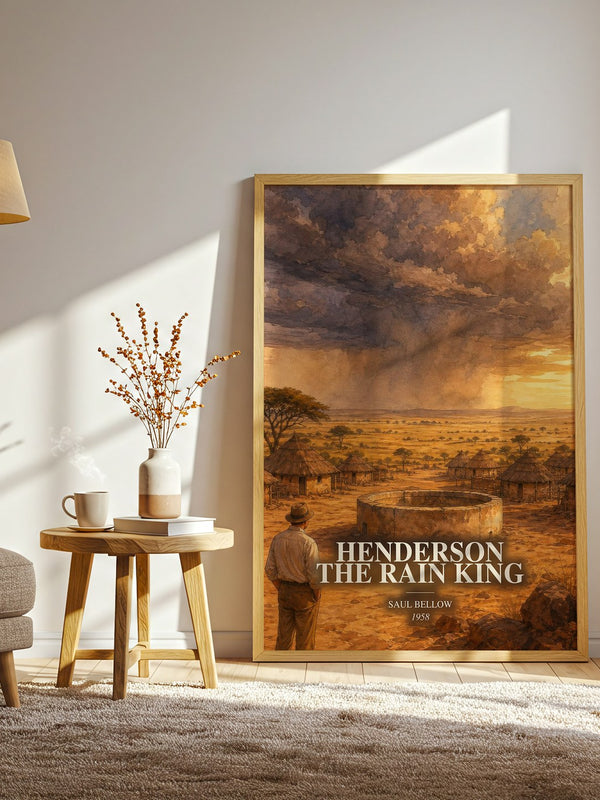 Henderson the Rain King watercolour print in frame leaning in hallway – literary fiction wall art