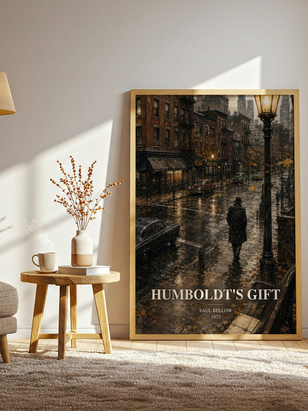 Humboldt's Gift watercolour print in frame leaning in hallway – literary fiction wall art