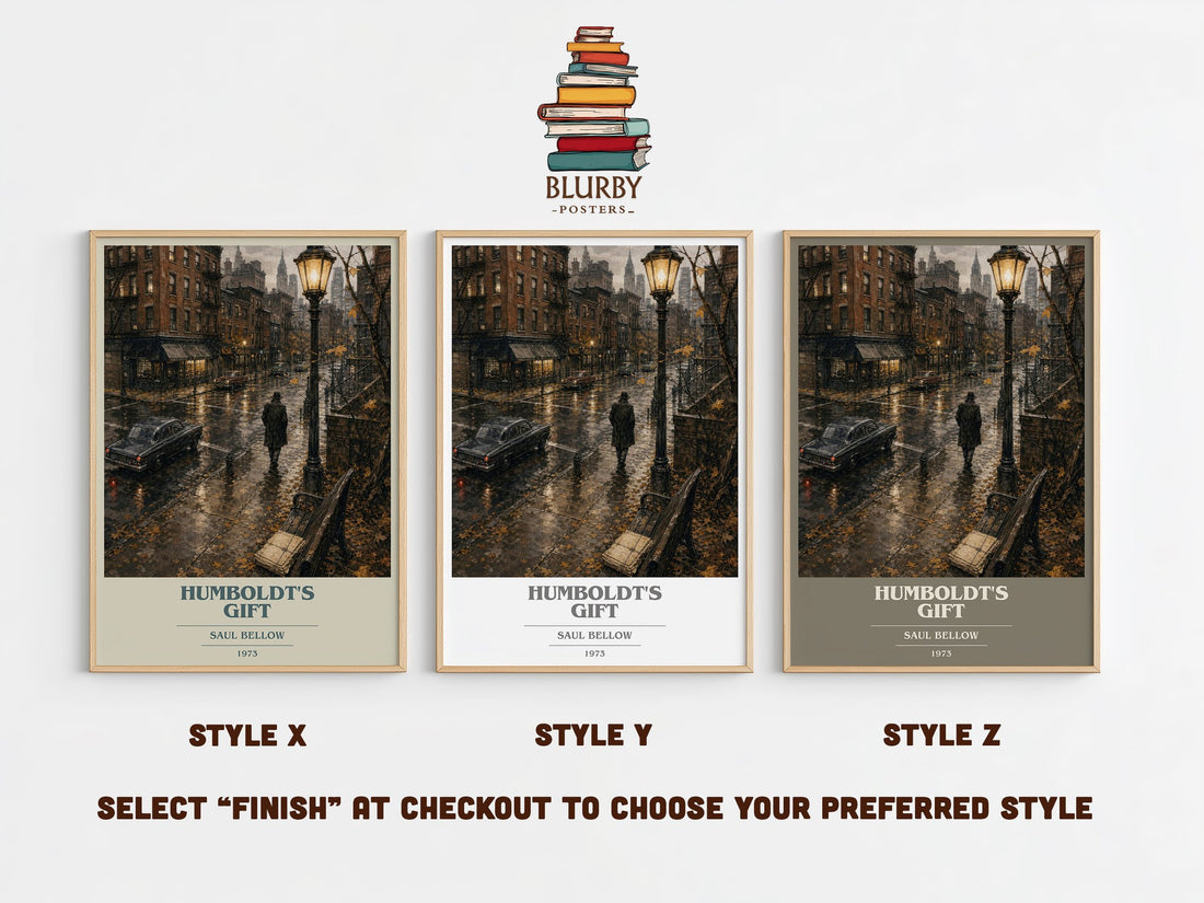 Humboldt's Gift book cover print in frame leaning in hallway – literary fiction wall art (mockup)