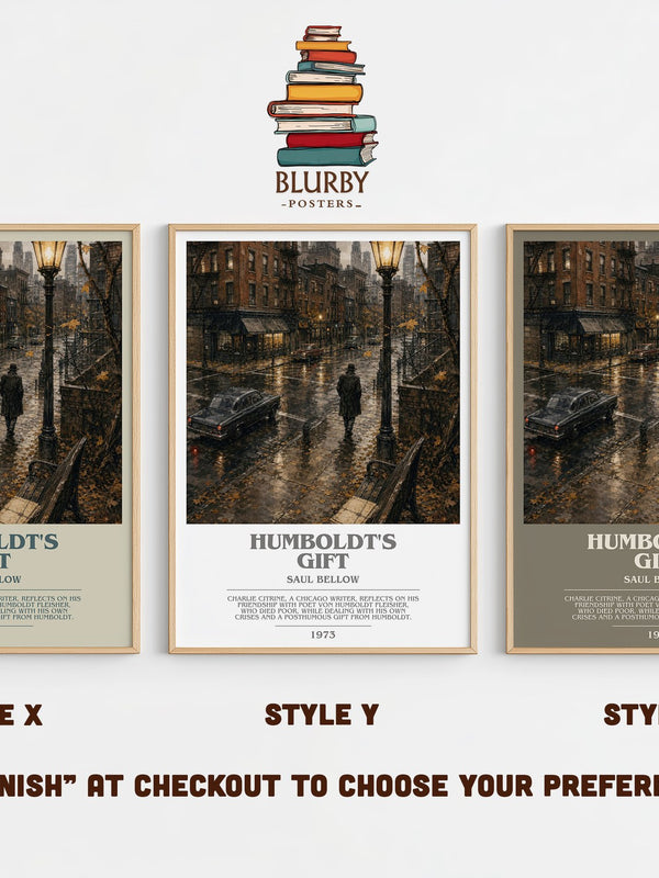Humboldt's Gift bookish print in frame leaning in hallway – literary fiction wall art