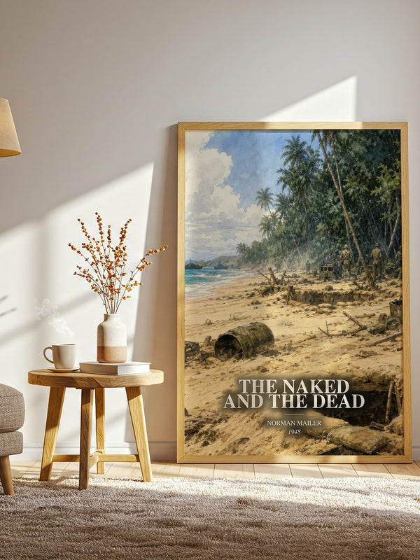 The Naked and the Dead watercolour print in frame leaning in hallway – literary fiction wall art