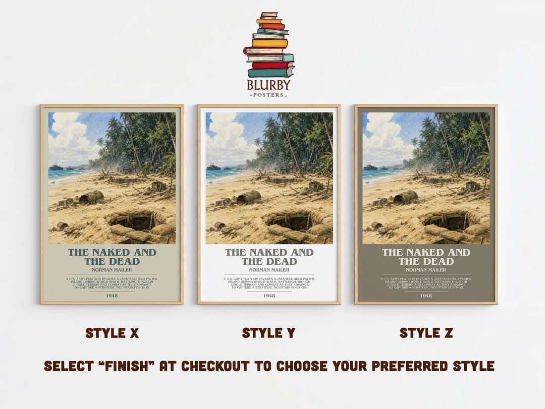 The Naked and the Dead bookish print in frame leaning in hallway – literary fiction wall art (mockup)