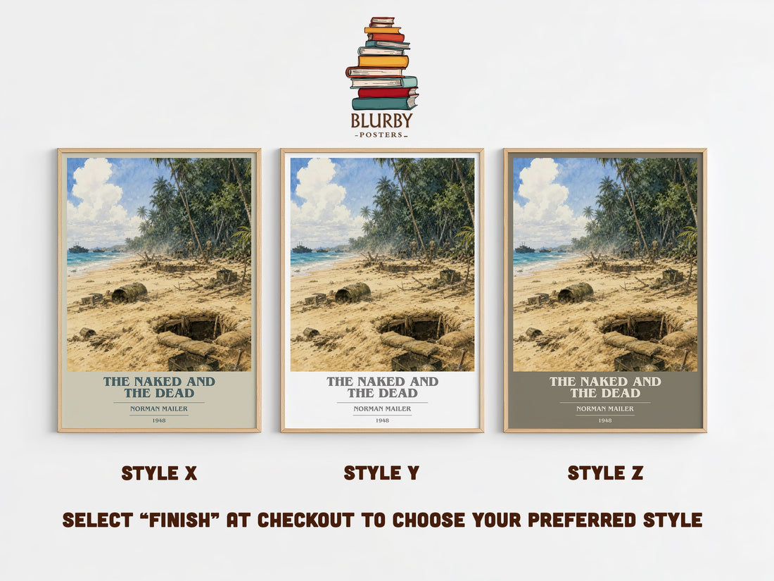 The Naked and the Dead book cover print in frame leaning in hallway – literary fiction wall art (mockup)