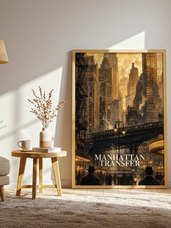 Manhattan Transfer watercolour print in frame leaning in hallway – literary fiction wall art