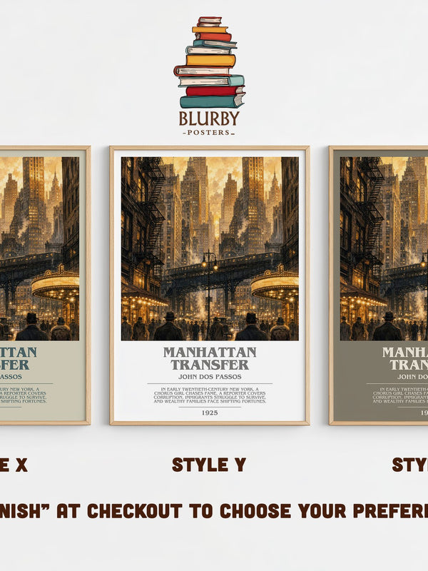 Manhattan Transfer bookish print in frame leaning in hallway – literary fiction wall art