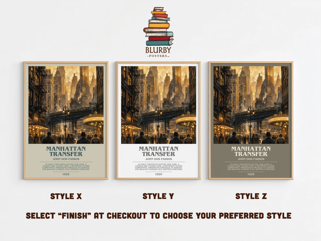 Manhattan Transfer bookish print in frame leaning in hallway – literary fiction wall art (mockup)