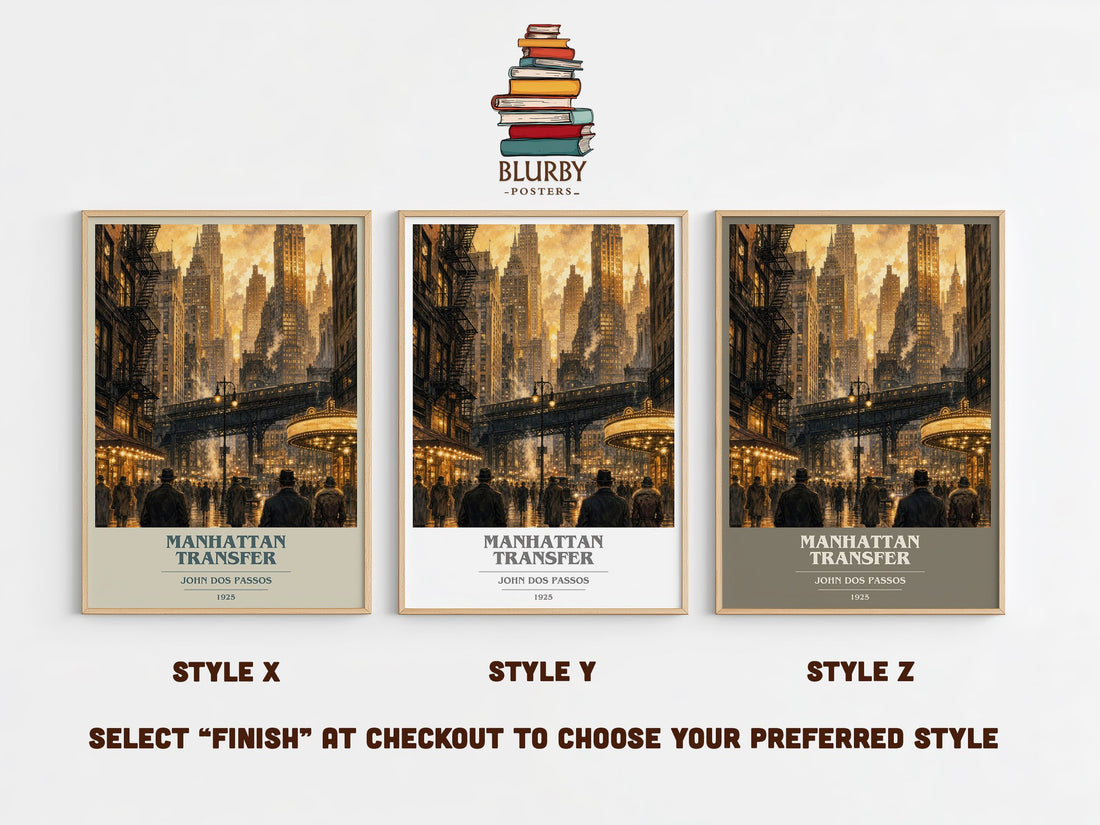 Manhattan Transfer book cover print in frame leaning in hallway – literary fiction wall art (mockup)