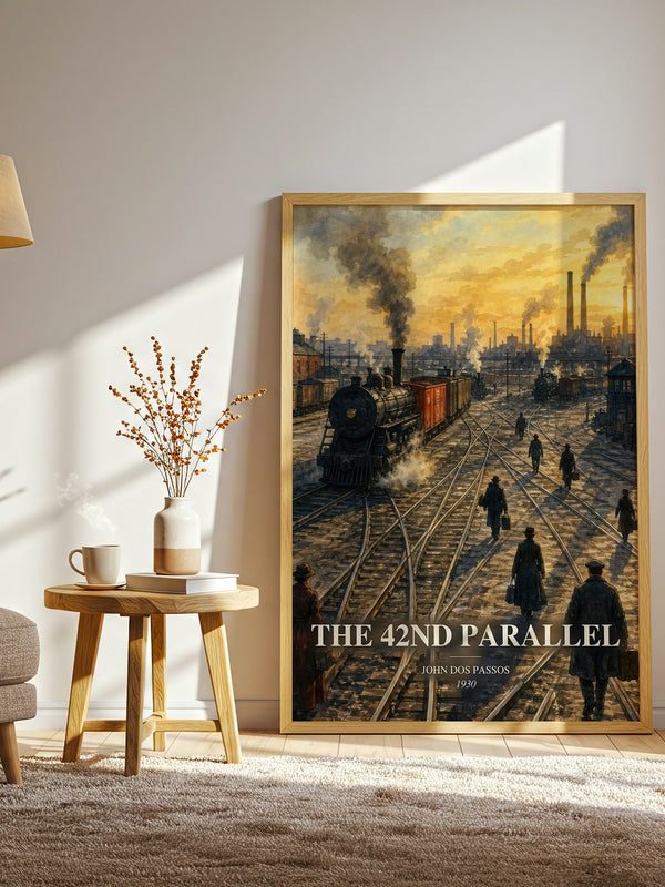 The 42nd Parallel watercolour print in frame leaning in hallway – literary fiction wall art