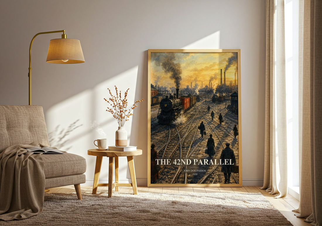 The 42nd Parallel watercolour print in frame leaning in hallway – literary fiction wall art (mockup)