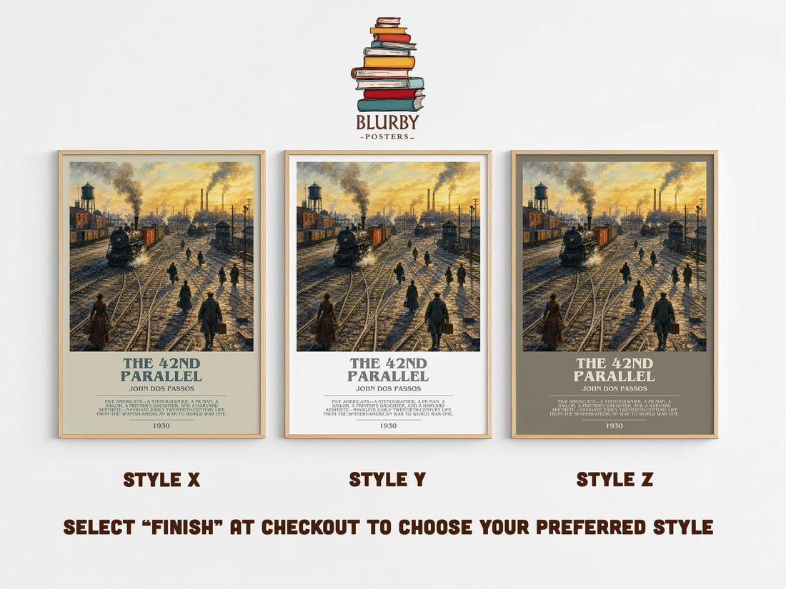 The 42nd Parallel bookish print in frame leaning in hallway – literary fiction wall art (mockup)