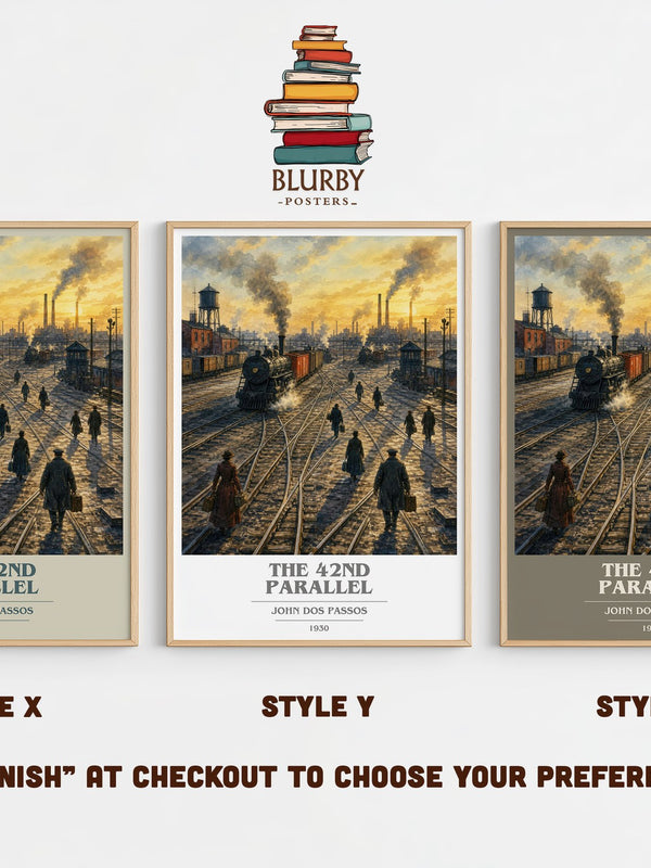 The 42nd Parallel book cover print in frame leaning in hallway – literary fiction wall art