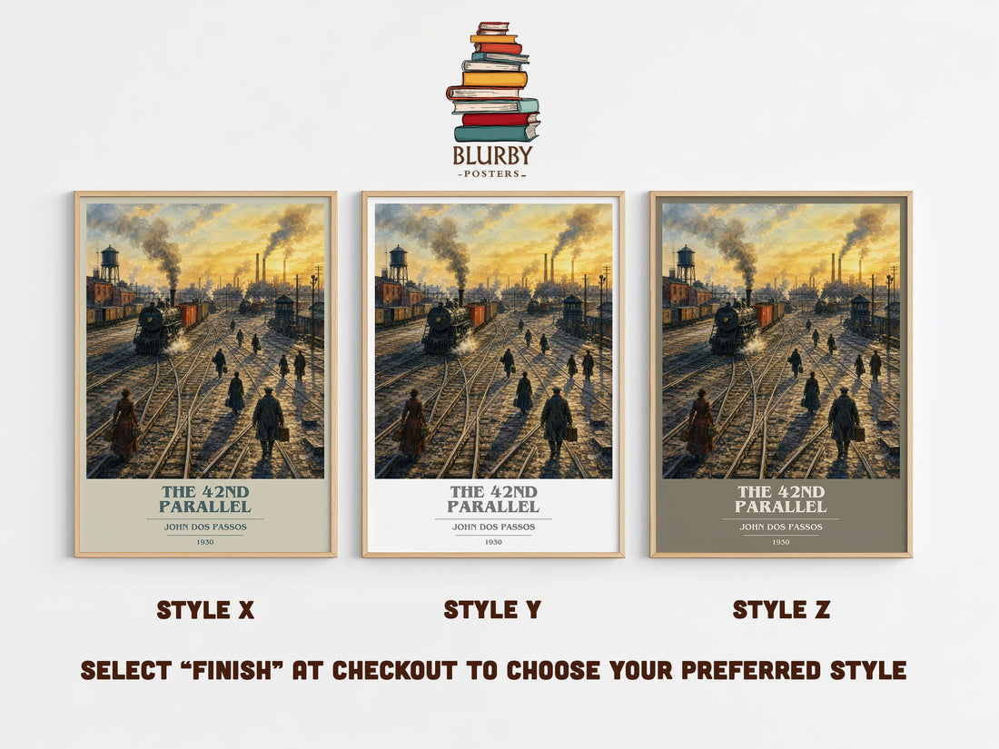 The 42nd Parallel book cover print in frame leaning in hallway – literary fiction wall art (mockup)