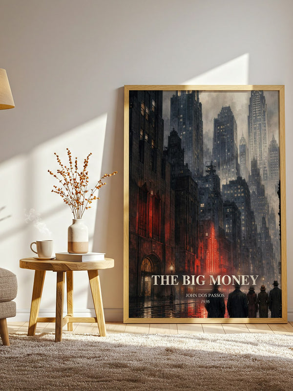 The Big Money watercolour print in frame leaning in hallway – literary fiction wall art
