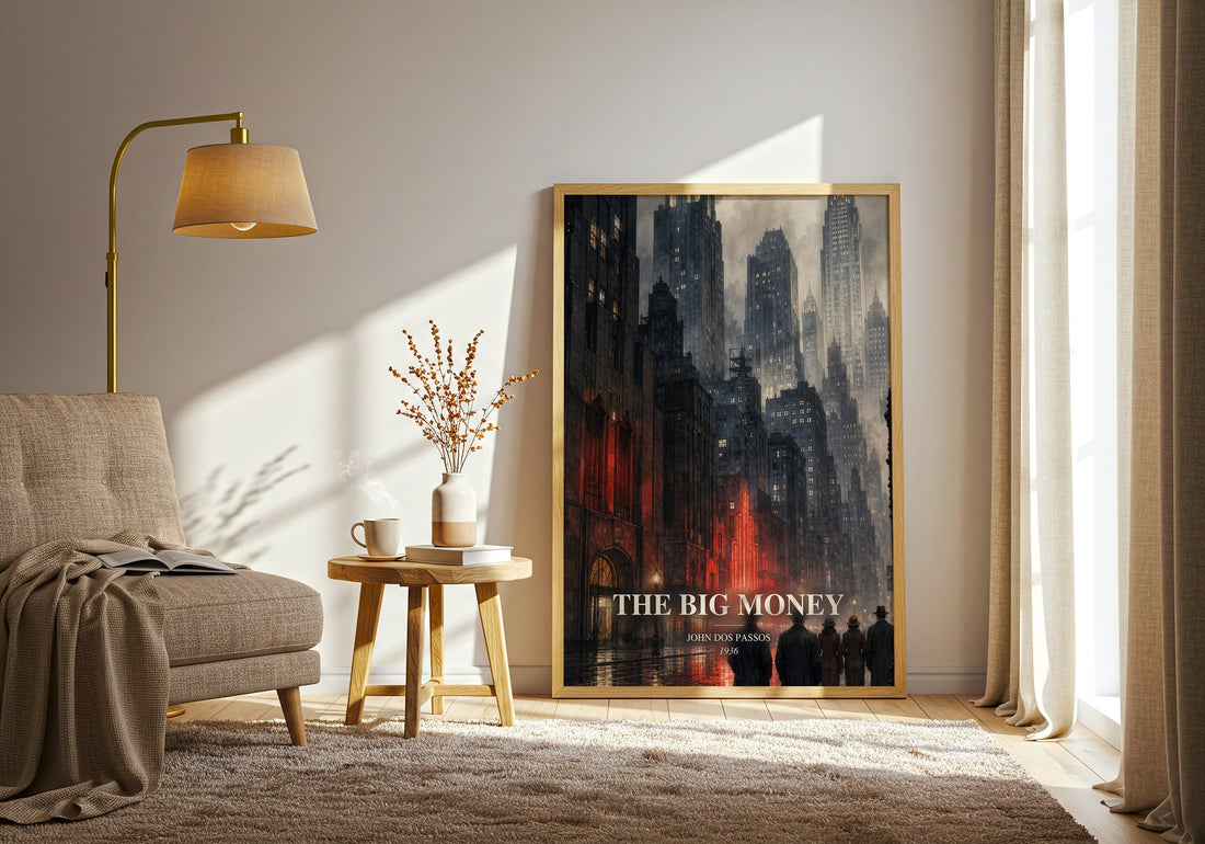 The Big Money watercolour print in frame leaning in hallway – literary fiction wall art (mockup)