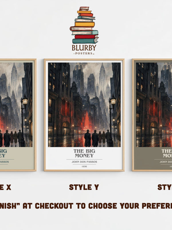 The Big Money book cover print in frame leaning in hallway – literary fiction wall art