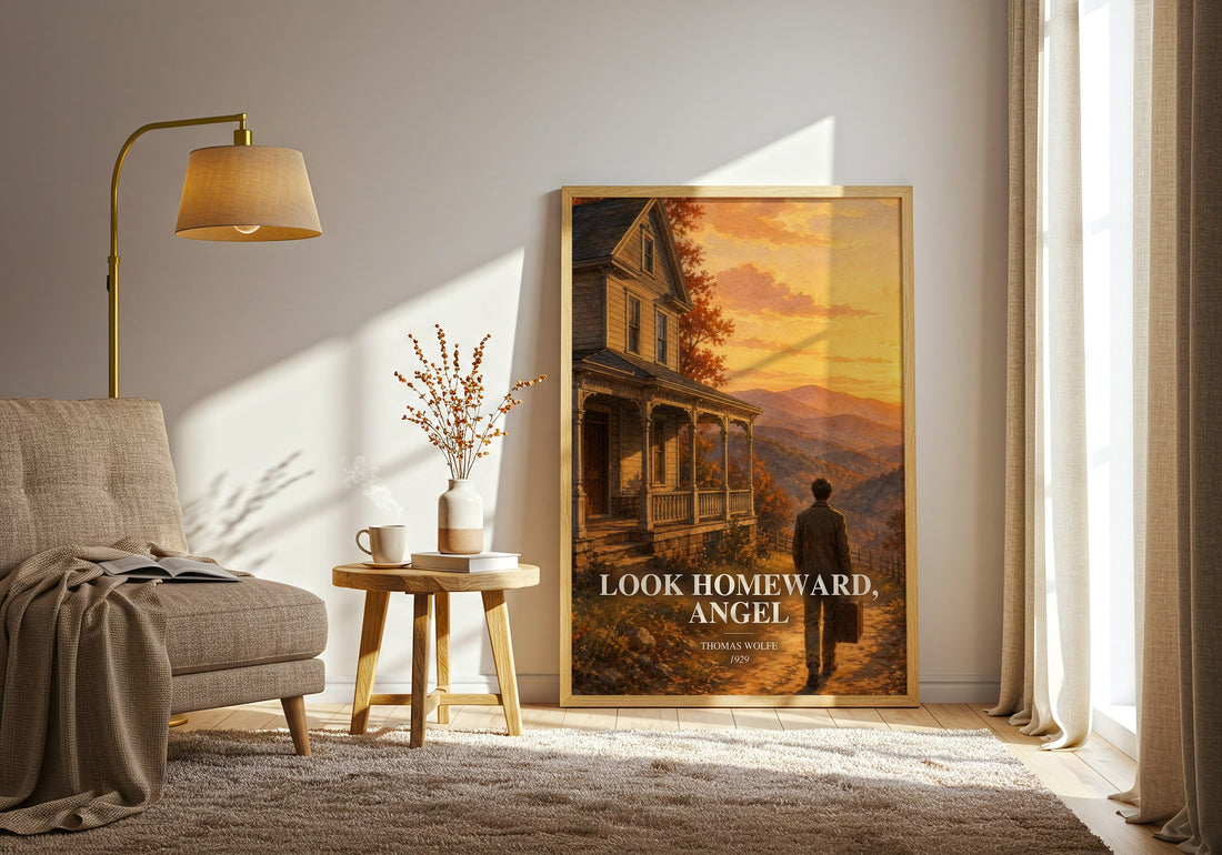 Look Homeward, Angel watercolour print in frame leaning in hallway – coming of age wall art (mockup)
