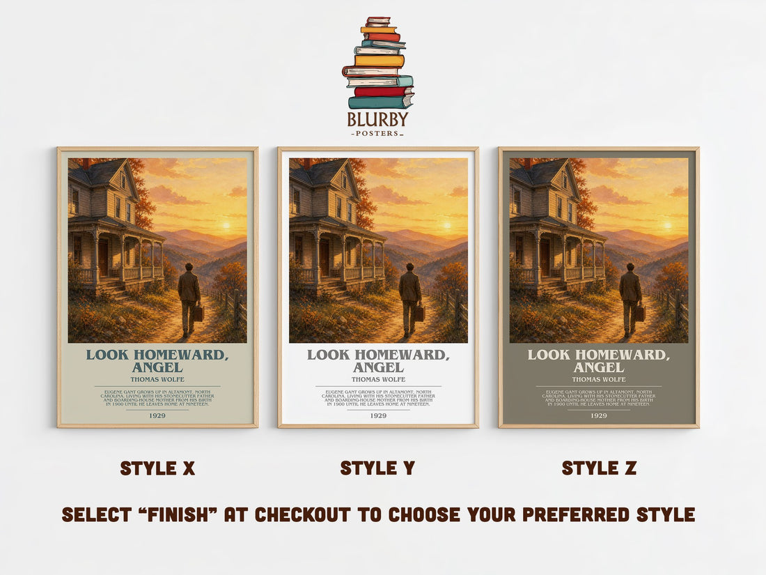 Look Homeward, Angel bookish print in frame leaning in hallway – coming of age wall art (mockup)