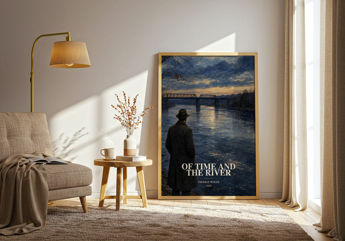 Of Time and the River watercolour print in frame leaning in hallway – literary fiction wall art (mockup)